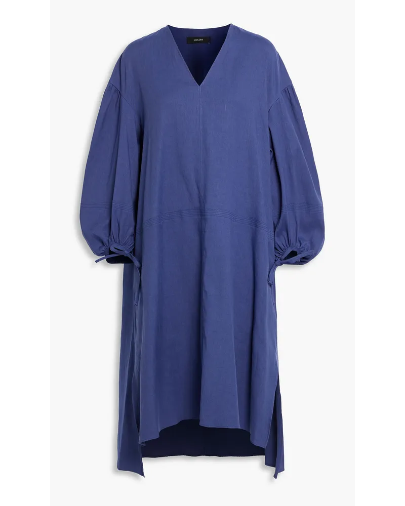 Gathered linen and cotton-blend midi dress - Blue