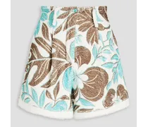 Pleated floral-print cotton-terry shorts - White