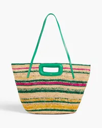 Maje Leather-trimmed striped raffia tote - Green Green