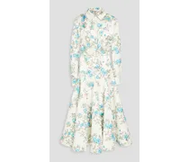 Marion belted floral-print satin midi shirt dress - White
