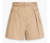 Belted pleated stretch-cotton gabardine shorts - Neutral