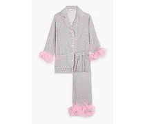 Party feather-trimmed printed twill pajama set - Pink