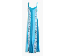 Metallic crochet-knit and silk crepe de chine maxi dress - Blue