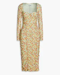 Ganni Ruched floral-print stretch-mesh midi dress - Green Green