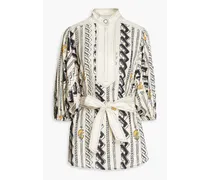 Belted printed silk-canvas blouse - White