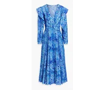 Pleated ruffled floral-print crepe midi dress - Blue