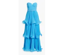 Strapless tiered plissé-chiffon gown - Blue