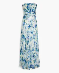 THEIA Ingrid strapless pleated printed organza gown - Blue Blue