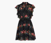 Tie-neck ruffled floral-print silk crepe de chine mini dress - Black