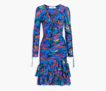Rocco ruched printed stretch-mesh dress - Blue