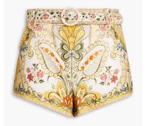 Belted floral-print linen shorts - Yellow