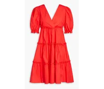 Gathered cotton-blend poplin dress - Red