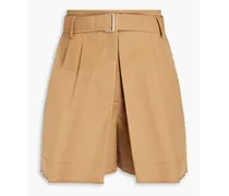 Pleated cotton-blend twill shorts - Neutral