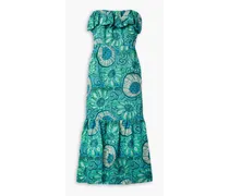 Thea strapless printed linen midi dress - Blue