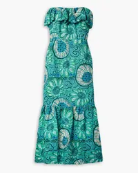 RHODE Thea strapless printed linen midi dress - Blue Blue