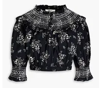 Cropped shirred floral-print cotton top - Black