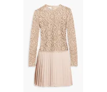 Guipure lace-paneled pleated wool-crepe mini dress - Pink