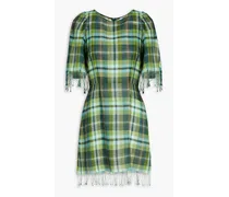 River fringed checked organic cotton and linen-blend mini dress - Green