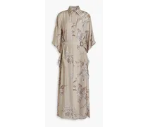 Bead-embellished printed silk crepe de chine midi shirt dress - Gray