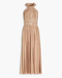 Elie Saab Sequin-embellished gathered silk-blend crepe de chine midi dress - Neutral Neutral