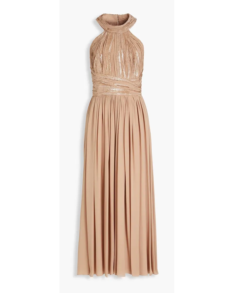 Elie Saab Sequin-embellished gathered silk-blend crepe de chine midi dress - Neutral Neutral