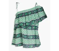 Austin ruffled printed cotton-voile top - Green