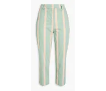Cropped striped cotton-blend slim-leg pants - Green