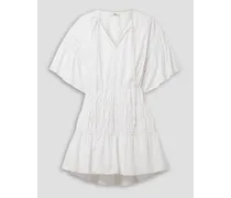 Cutout ruched cotton-blend poplin mini dress - White