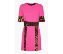Leopard print-paneled stretch-crepe mini dress - Pink