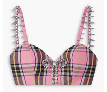 Embellished checked wool-blend bra top - Pink