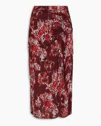 IRO Alise ruched printed crepe de chine midi skirt - Burgundy Burgundy