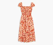 Daisy off-the-shoulder shirred floral-print crepe midi dress - Orange