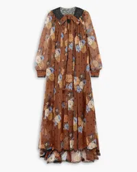 Etro Pussy-bow lace-trimmed printed silk-crepon maxi dress - Brown Brown