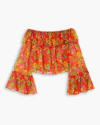 Caroline Constas Thelma off-the-shoulder cropped ruffled floral-print silk-chiffon top - Orange Orange