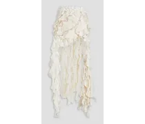 Asymmetric ruffled cotton-blend lace, shantung and organza maxi skirt - White