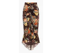Pixie ruched floral-print stretch-silk satin midi skirt - Brown