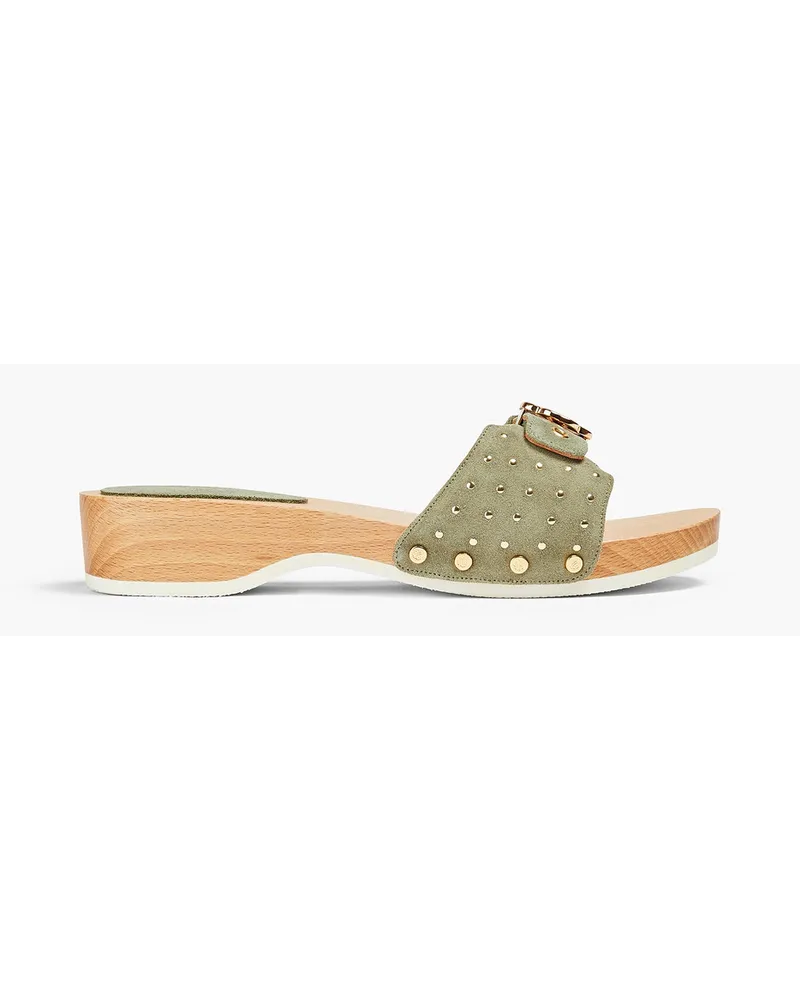 Maje Studded suede wedge mules - Green Green