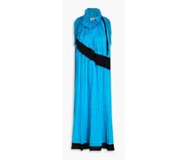 Satin crepe-paneled pleated georgette midi dress - Blue