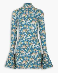 LES RÊVERIES Open-back ruffled floral-print stretch-jersey turtleneck mini dress - Blue Blue