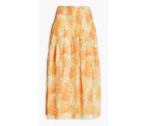 Shirred floral-print gauze midi skirt - Orange