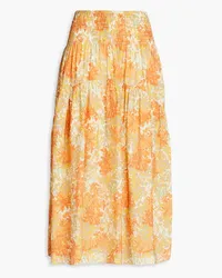 Vince Shirred floral-print gauze midi skirt - Orange Orange