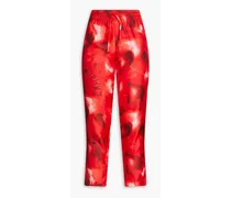 Cropped printed silk-twill tapered pants - Red
