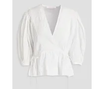 Wrap-effect fil coupé cotton blouse - White