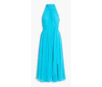 Belted pleated chiffon midi dress - Blue