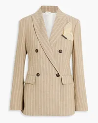 Brunello Cucinelli Double-breasted bead-embellished striped linen-blend blazer - Neutral Neutral