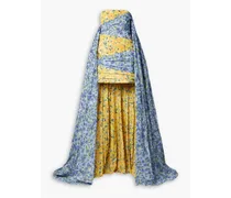 Strapless cape-effect floral-print taffeta gown - Blue