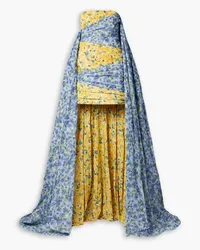 Carolina Herrera New York Strapless cape-effect floral-print taffeta gown - Blue Blue