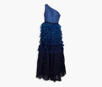 One-shoulder dégradé tulle-paneled organza gown - Blue