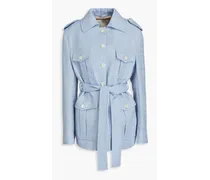 Sahariana belted linen-blend bouclé-tweed jacket - Blue