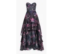 Strapless asymmetric floral-print chiffon gown - Black